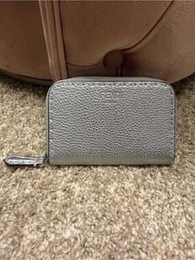 Fendi Selleria Metallic Silver Leather Zip Coin/Card Case
